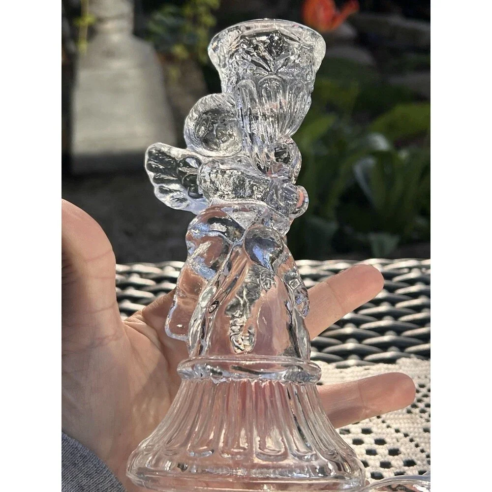 Vintage Clear Glass Angel Candle Holders Pair Praying Angel/ Cherub Candlsti